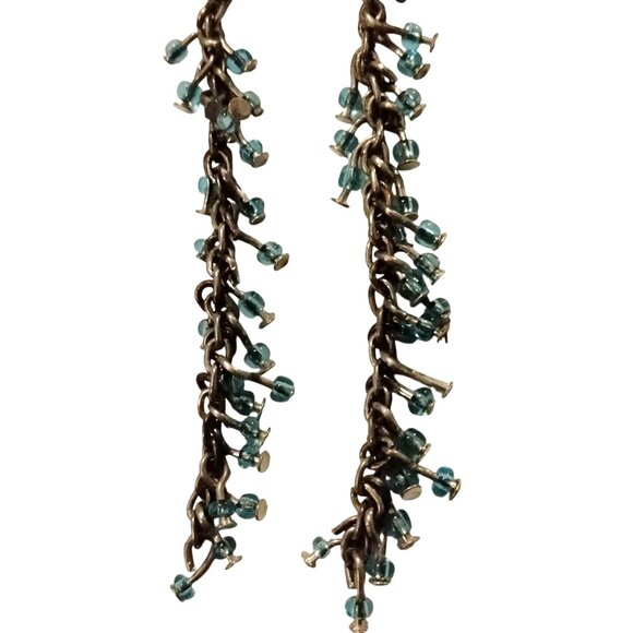 Chain Dangle Earrings Blue Aqua Glass Beads Unique Artisan - Picture 5 of 6